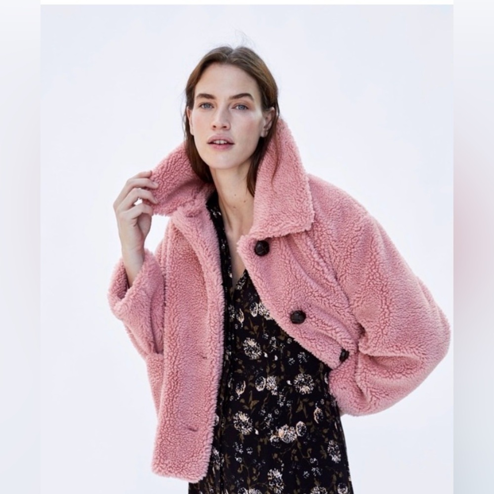 Zara Short Pink Teddy Jacket Coat